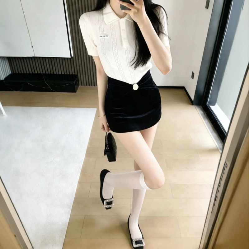 Nanyou High-End Version m Series 2026 Spring New Letter Patchwork Turn-Down Collar Hollow-Out Versatile Slim-Fit Knit Sweater Top