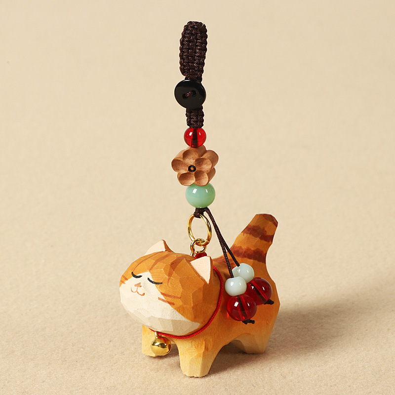 手作り木彫り太ったオレンジ猫車のキーホルダーペンダントかわいい牛猫スクールバッグペンダント女性の親友へのギフトとして