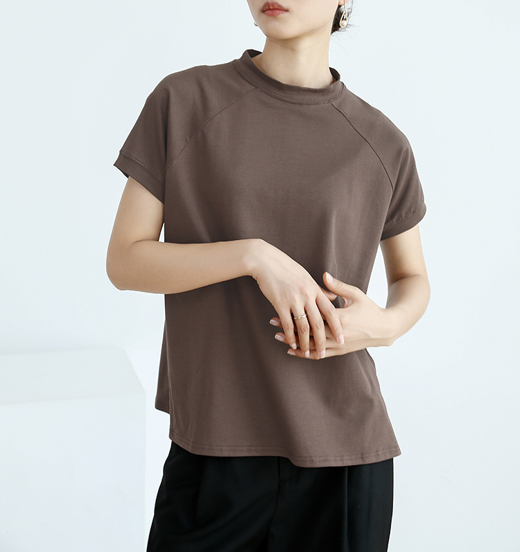 Summer Cotton Solid Color Short Sleeve Women T Shirt French Pullover Women Side Slit
