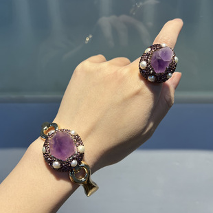 Natural rough amethyst bracelet Freshwater pearl inlaid in European and American personality fashion hand ring source head manufacturers live broadcast supply