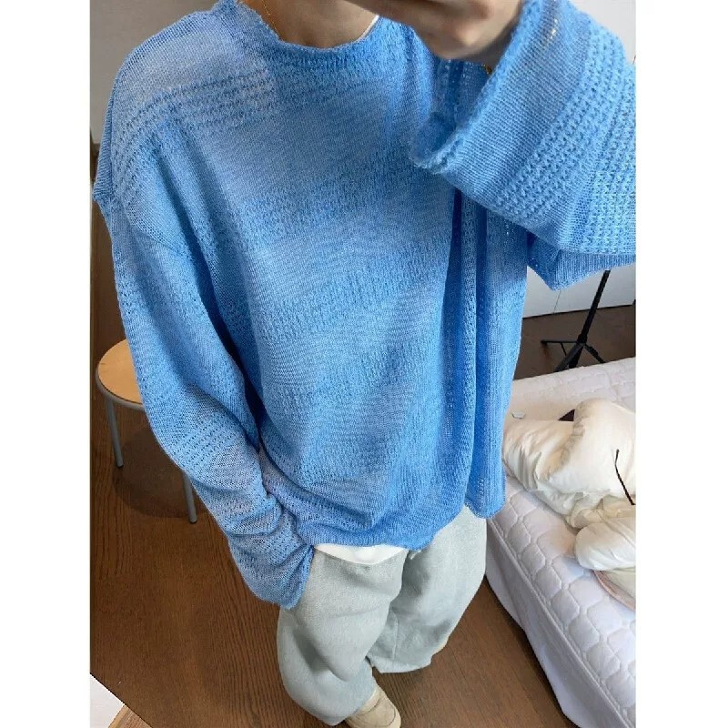 Lazy Style Light Blue Frayed Edge Round Neck Long-Sleeved T-Shirt Men's Summer Lightweight Breathable Hollow Knitted Sun Protection Cover-Up