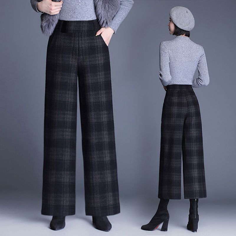 秋冬新款毛呢格子九分阔腿裤女士中老年垂坠感直筒长裤