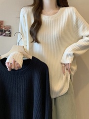 大码女装圆领毛衣打底针织衫2025秋冬微胖宽松遮肚显瘦长袖上衣