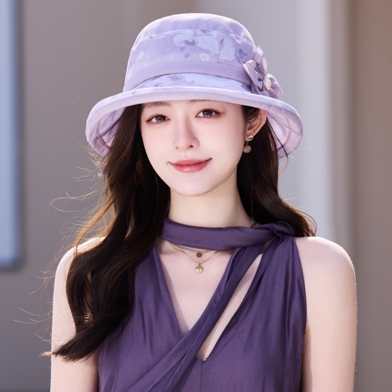 热销蕾丝遮阳帽女夏天户外轻薄透气渔夫帽时尚妈妈欧根纱盆帽