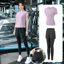 高腰瑜伽服运动套装女高弹力速干短袖四件套健身服跑步衣服晨跑服