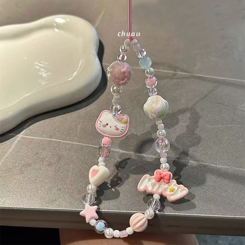 Original Beaded Mobile Phone Pink Ins Lanyard Cartoon Cute Pendant Mobile Phone Chain Ccd Camera Hanging Chain Universal Girl