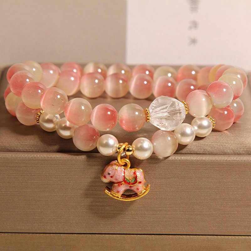 Nueva pulsera de doble círculo de ópalo rosa degradado chino para mujer, lujo ligero, nicho de alto nivel, lindo troyano, pulseras apiladas