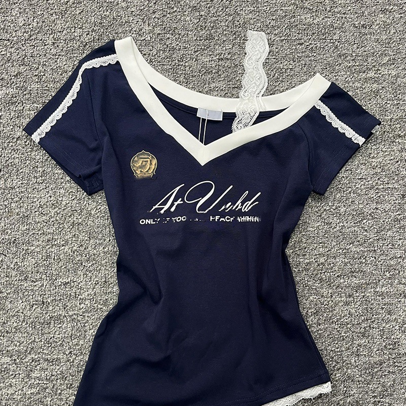 アメリカのギャルvネック半袖tシャツ女性の夏の高級感レースのつなぎ合わせ