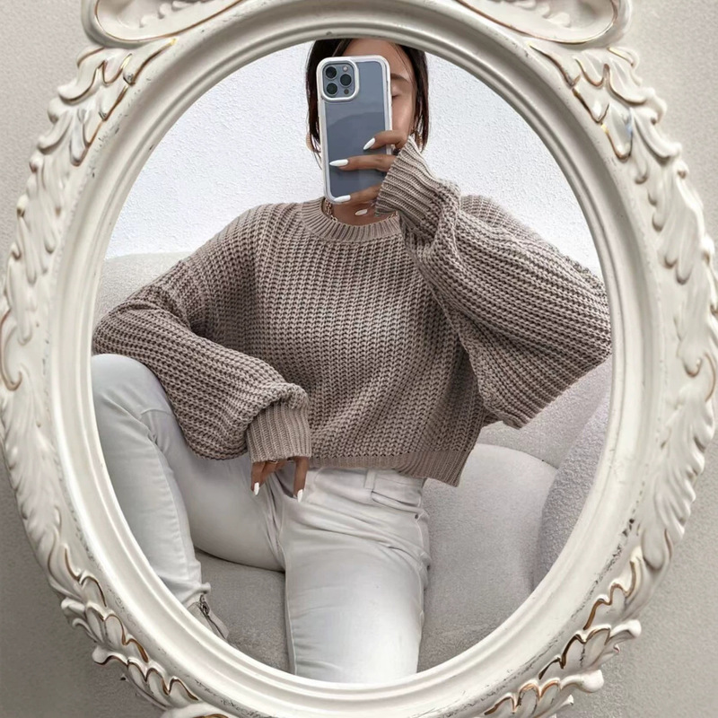 Amazon autumn and winter new solid color loose round neck pullover sweater Europe and the United States cross-border foreign trade fashion all-match sweater Amazon autumn and winter new solid color loose round neck pullover sweater Europe and the United States cross-border foreign trade fashion all-match sweater