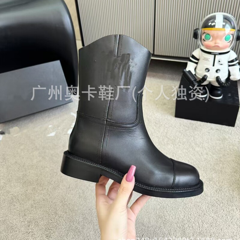 欧洲站2025新款小香风牛反绒粗跟厚底复古西部牛仔短靴切尔西靴|undefined