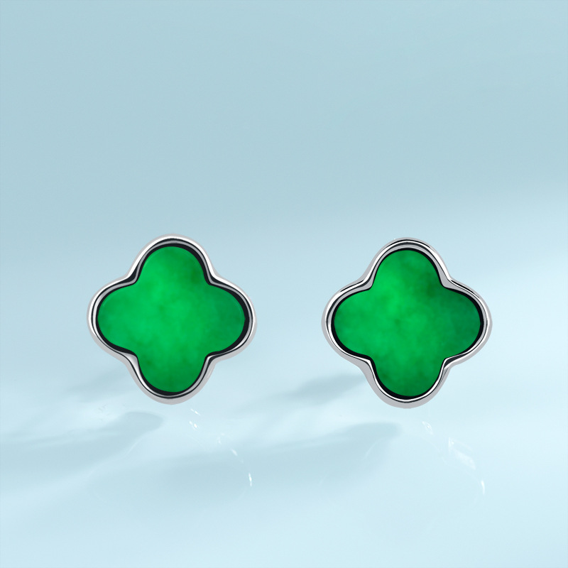 S925 Set natural Black Jadeite Emerald Dark Jade Lucky clover Ear Studs jade fashion Female models high-grade Earrings