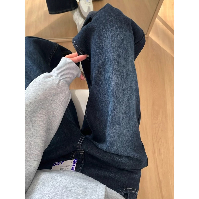 Blue-Gray Wide-Leg Jeans for Women 2025 Winter New Retro High-Waisted Loose Slimming Drape Straight Floor-Length Pants