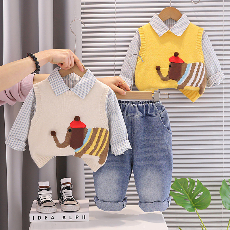 106059819@qq.com Baby Boy And Autumn Outfit 2026 New Fashionable Infant Spring Clothing Casual Elephant Sweater Vest Three-Piece Set_voghion.com