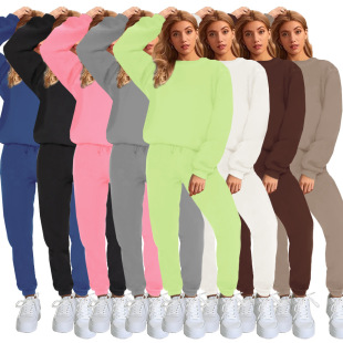 2025 Cross-Border European and American Autumn and Winter Pure Color Round Neck Pullover Pants Women's Fashion Casual Long-Sleeved Sweatshirt Suit