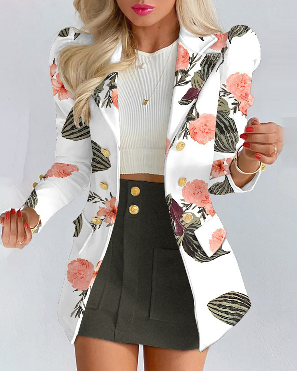 Conjunto de blazer y falda con estampado floral para mujer_voghion.com