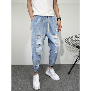 Light-Colored Ripped Jeans for Men, Summer 2025 New Style, Jogger Harem Trendy Brand, Thin Men's Distressed Cropped Pants