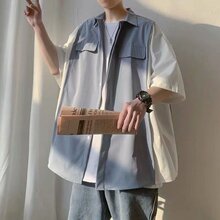 春夏新款拼接五分袖衬衫男韩版休闲外套百搭潮流港风短袖工装衬衣