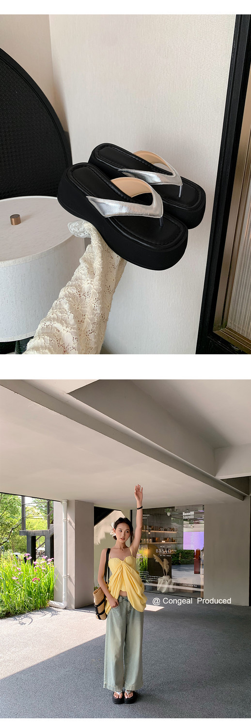 Dép xỏ ngón nữ đế xuồng tăng chiều cao phong cách mới mùa hè — in da báo, màu vàng, bạc, màu đỏ chi tiết 17