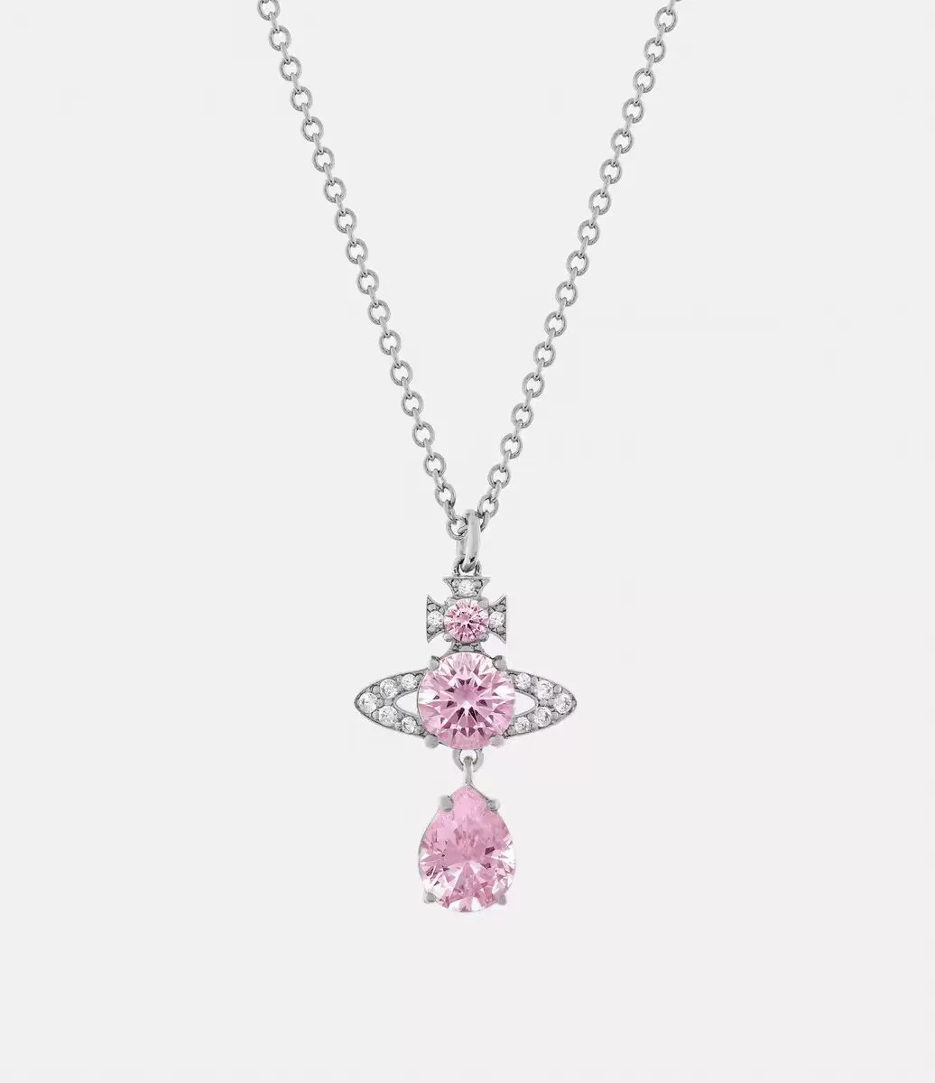 Pendant Necklace (Vivienne) Queen Mother Saturn design, pink crystal teardrop, clavicle chain