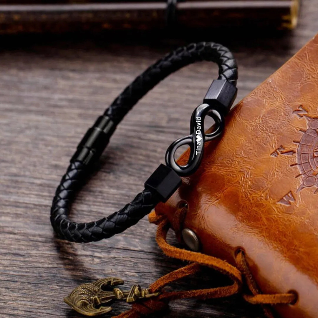 Black Braided Leather Bracelets Bangle for Men Free Customize Personalized  Gift