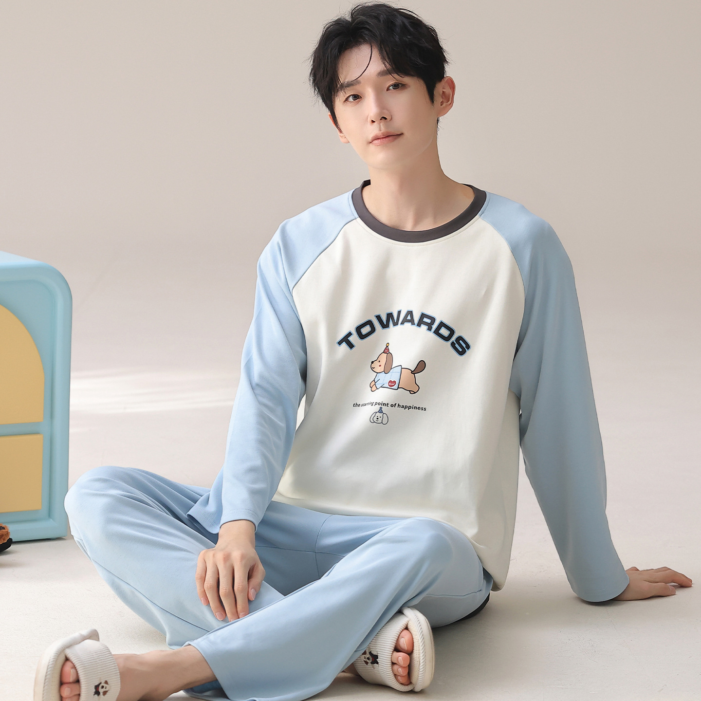 Long-Sleeved Pants 100% Cotton Pajamas for Men Korean Style New Cartoon 2025 Spring & Fall Home Clothes Can Be Worn Outside in Winter