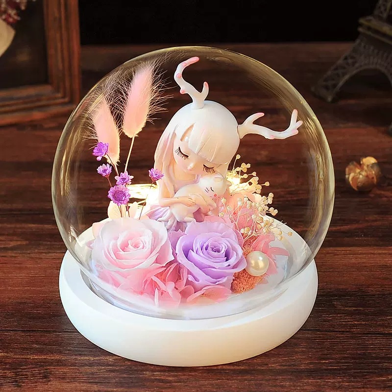 Flores de la vida eterna Rose Anne Angel Glass Cover Caja de regalo para la temporada de graduación de San Valentín para amigos de la escuela adornamiento de flores de la vida eterna