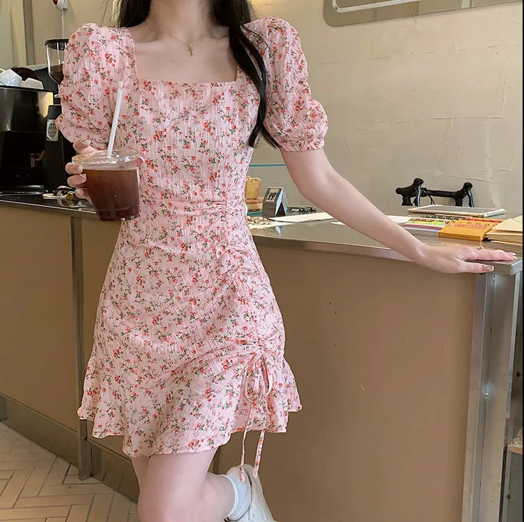 2024 Summer new Korean style drawstring short sleeve square collar dress fashionable gentle floral dress sweet first love dress