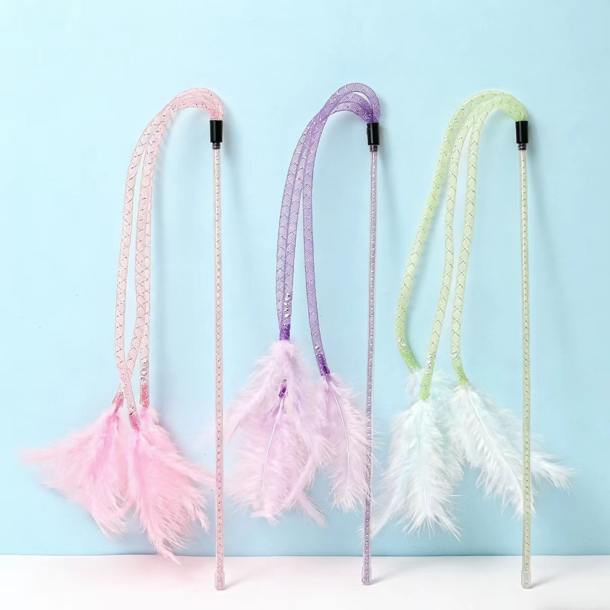 New Cat Elastic Mesh Feather Cat Stick Long Pole Interactive Bite-Resistant Pet Toy Bell Self-Pleasure Cat Supplies