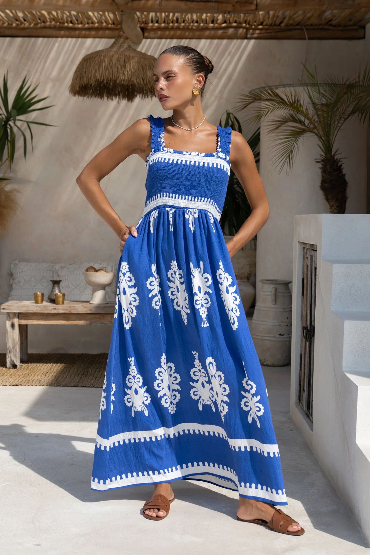 364g Weight Maxi Long Dress Dress Length Type Sleeveless Sleeve Length Strap Dress Dresses Type Polyester Fabric Type High Waist Waist Line Holiday Occasion Strap Neckline Loose Fit Type Printing Pattern 2025 Spring and Summer Season Women's Gender Elegant, Vacation Style Wholesale Women's Elegant Vacation Printing Holiday Strap Sleeveless Strap Dress 18