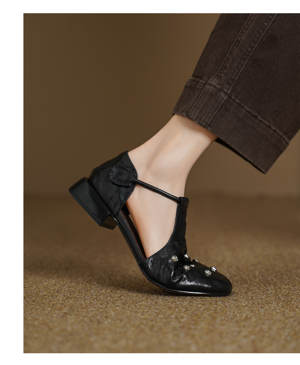Sandal nữ quai ngang gót vuông ổn định, mũi kín, quai chữ T, form rộng cỡ lớn 33–42 — đen chi tiết 9