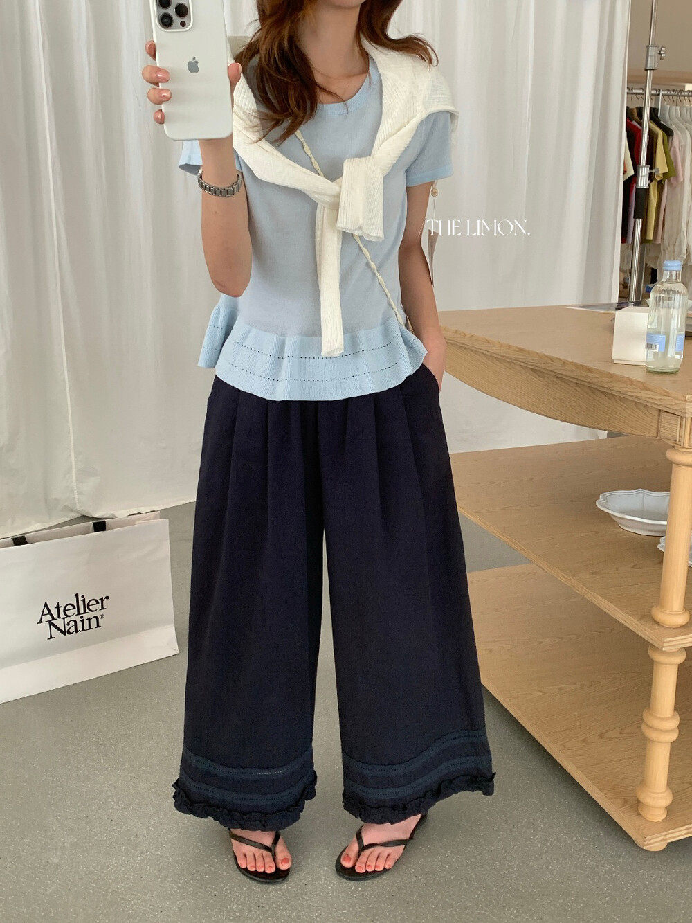 Quần culottes nữ ống rộng cạp cao chun, thiết kế viền ren bèo nhún, dáng suông 9 phân, phù hợp mùa xuân hè — màu đen, Xanh đen, Xanh da trờicolor, màu trắng chi tiết 15