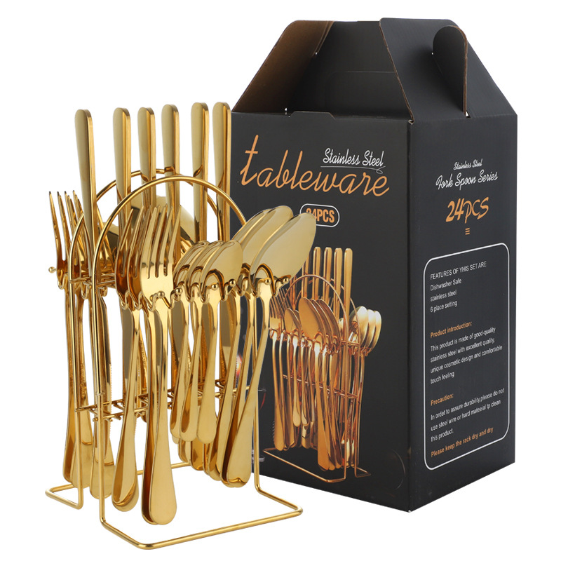 Amazon transfronteriza 1010 vajilla de acero inoxidable conjunto de 24 piezas cuchillo de carne occidental, tenedor y cuchara conjunto completo rack caja de regalo traje