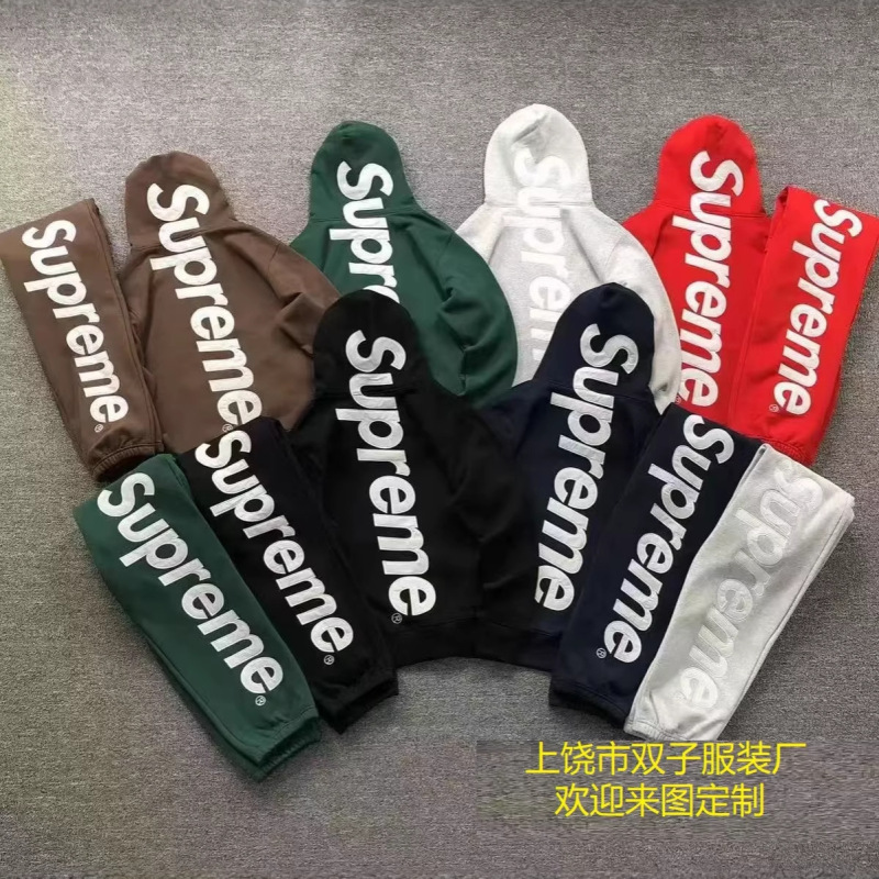 Cross-Border American-Style Supreme Trendy Brand Loose Hooded Sweatshirt for Spring and Autumn, Unisex Oversized Printed Sports Sweatshirt and Pants