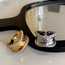 欧美s925纯银不规则微镶宽版戒指女小众设计感时尚个性金色手指环