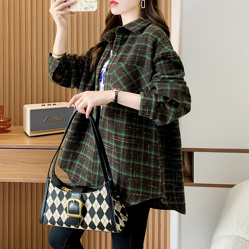 Spring and Autumn Winter woolen plaid shirt Women's brushed thickened retro plus size high-end loose Korean style coat