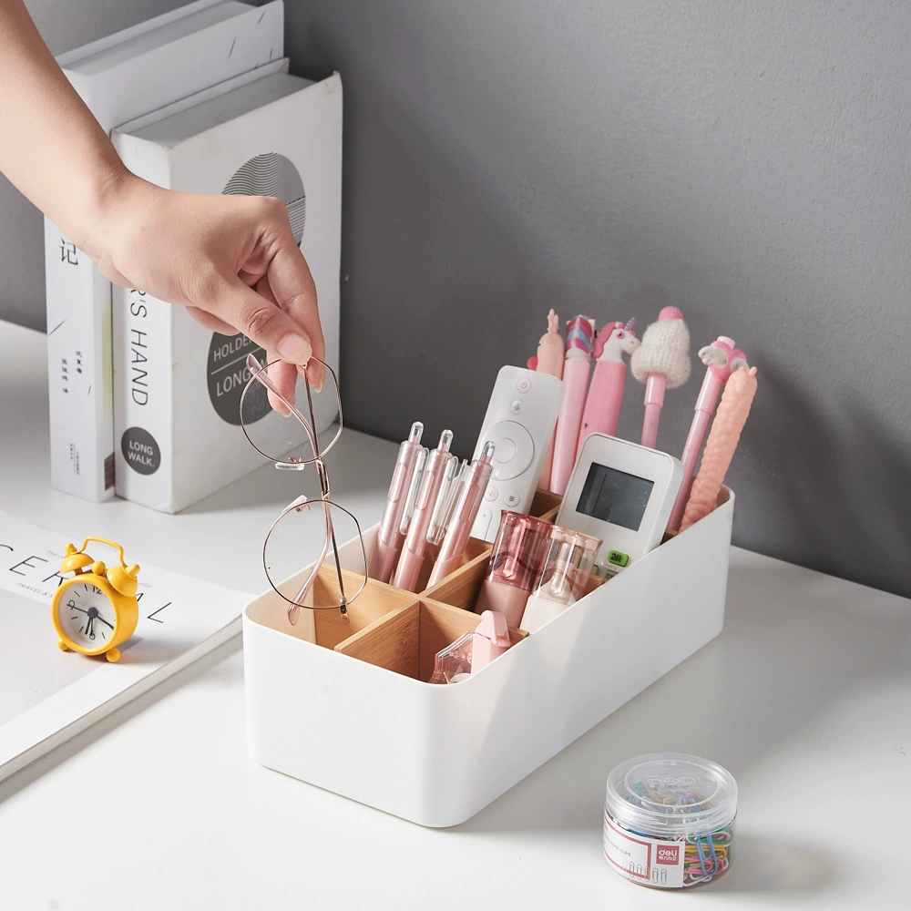 Desktop Organizer Storage Box, Bamboo-Partition Modular, 4–8 Cells, Compact 28×12×?