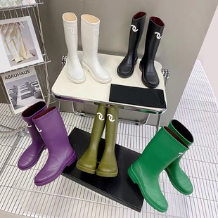 2023 New Middle Ancient Rain Boots Women's Outer Wear Mid-length Boots Round Head Knight Boots But Knee Thick Heel Boots Ins Trendy