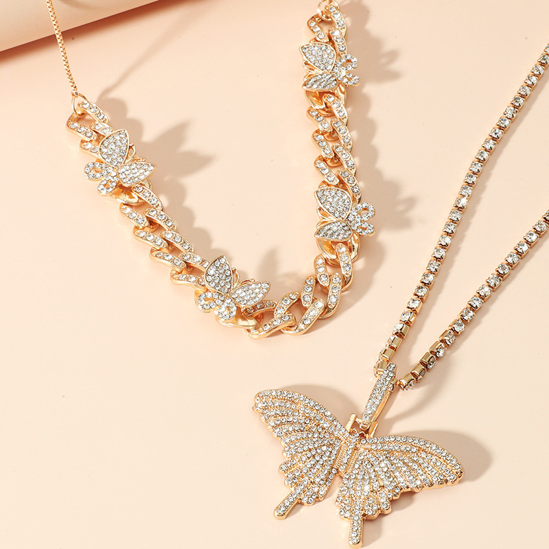 Layered Butterfly Necklace Set With Diamonds Cuban Chain Style_voghion.com