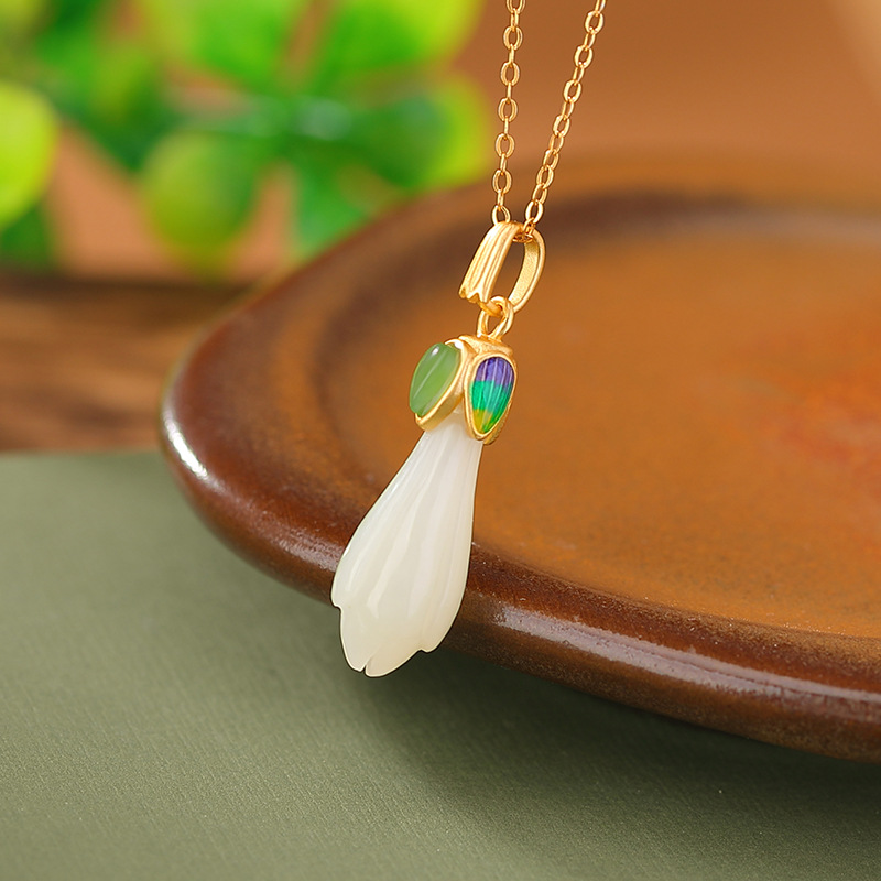Mặt dây chuyền hoa mộc lan tráng men mạ vàng bạc S925 phong cách dân tộc — Mặt dây chuyền đơn (không có dây chuyền)