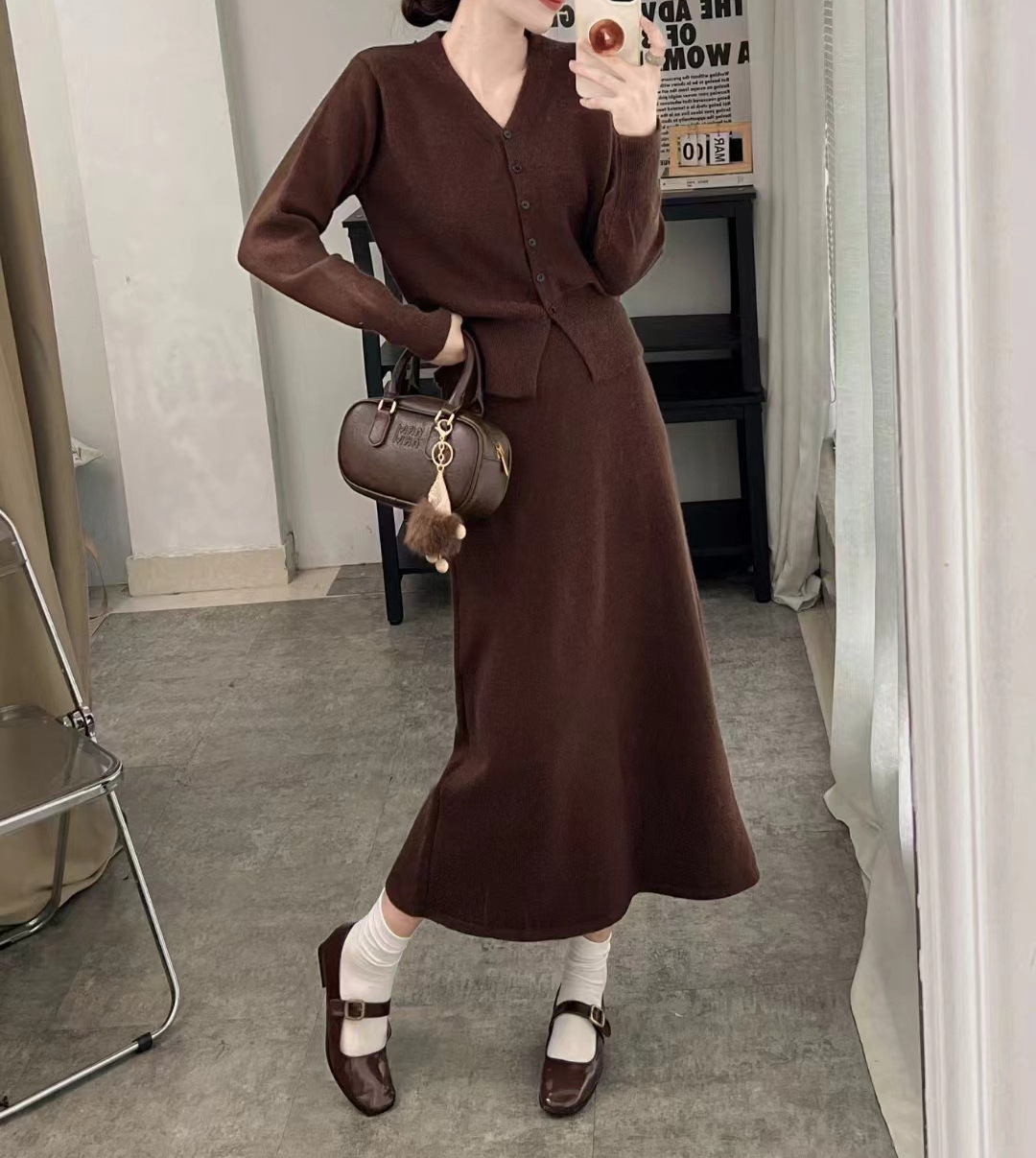 Temperamento piccolo profumo stile due pezzi donna primavera e autunno scollo a V cardigan lavorato a maglia linea A metà corpo lungo_voghion.com