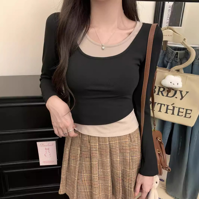 Fake Two-Piece Slim-Fit T-Shirt Women's Autumn and Winter New Cotton Slim Look Breathable Base Shirt Long-Sleeved Stylike Top Trendy