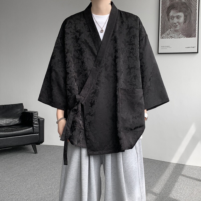 Chinese Style Men's Satin Jacquard Cardigan Robe Three-Quarter Sleeve Hanfu Plus Size Chinese Zen Robe Ice Silk Kimono Jacket