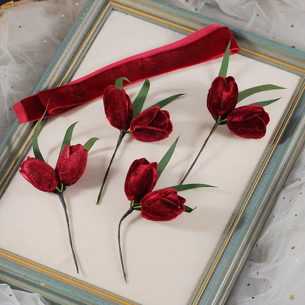 Bridal toast clothing headdress high-grade Mori wine red tulip flower hairpin flannel hair band Simple style accessories
