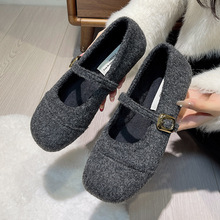 复古玛丽珍鞋女2025秋冬新款法式气质优雅呢子方头T带软底晚晚鞋