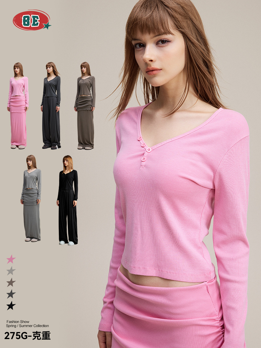 BE ropa de mujer | Suéter de manga larga con botones con cuello en V sexy puro europeo y americano, camisa de fondo delgada y delgada, camiseta de color sólido, mujer image 1