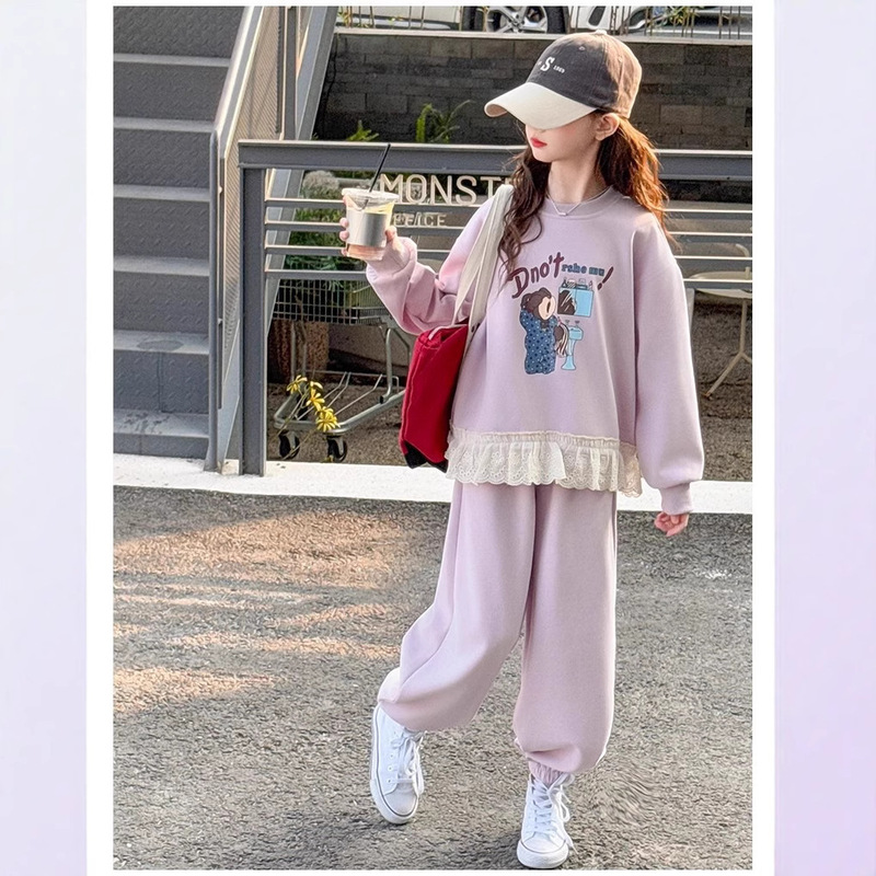 儿童春季新款棉质卫衣套装花边蕾丝女童卡通套装韩版中大童|undefined