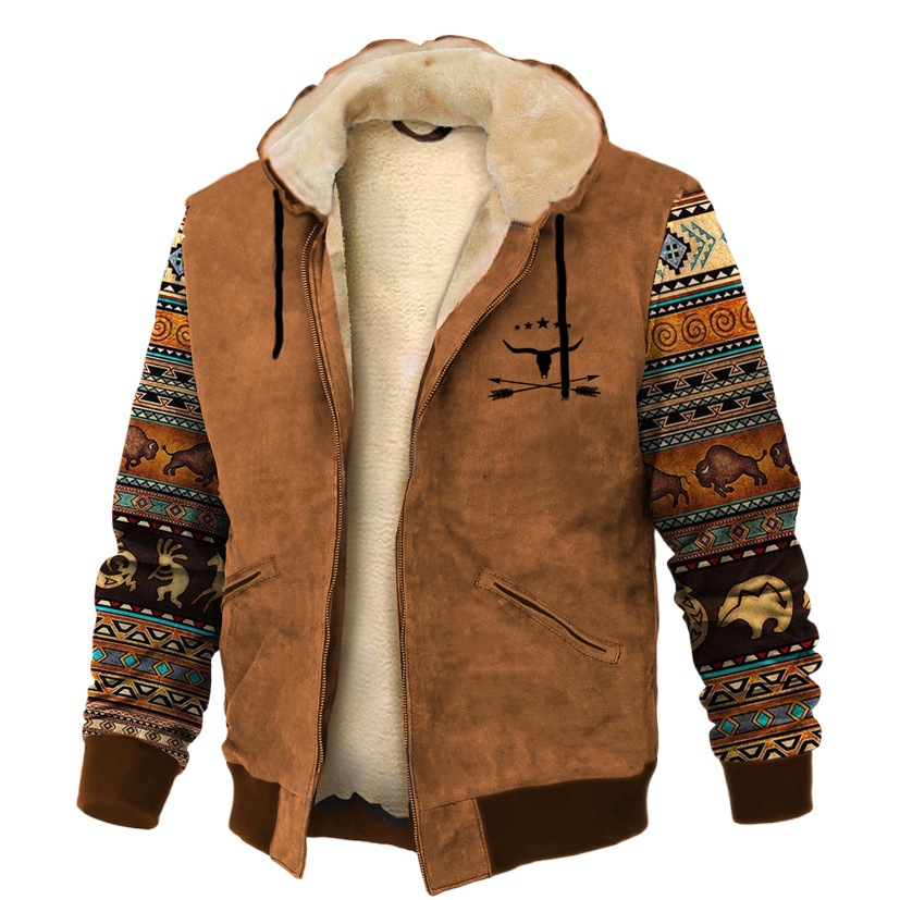 Europa y América transfronteriza multi-color patrón 3D Impresión digital impresión suéter con capucha forro marrón Chaqueta de algodón acolchado