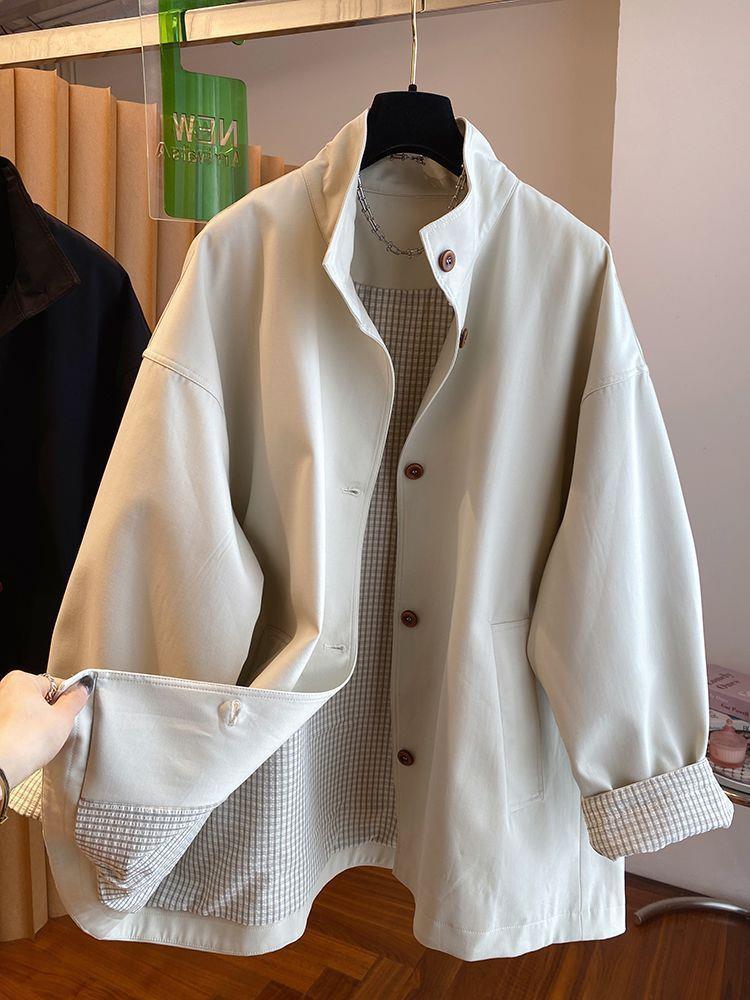 Korean Style Stand Collar Windbreaker Jacket for Women Spring & Fall 2025 New Loose Casual Plaid Lining Super Popular Mid-Length Coat