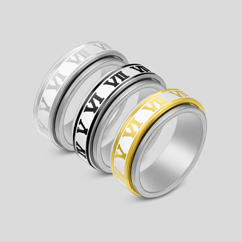 可转动罗马数字戒指跨境热卖钛钢腐蚀解压个性时尚情侣饰品批发
