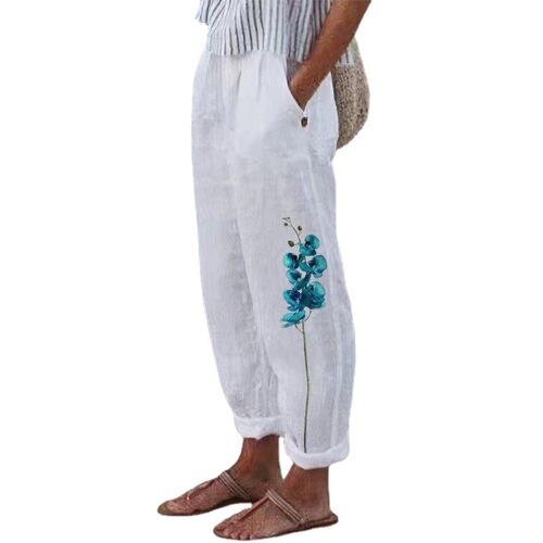 Autumnwish European and American Sweet Fresh-style Printed Cotton-Linen Elastic-Drawstring Casual Pants